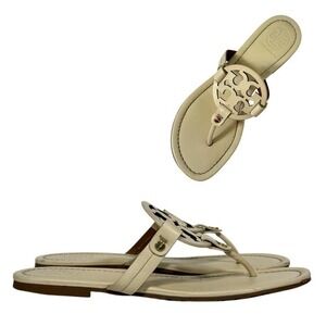 Tory Burch Miller Cream Leather Logo Thong Sandals Womens 7M Flat Flip Flops